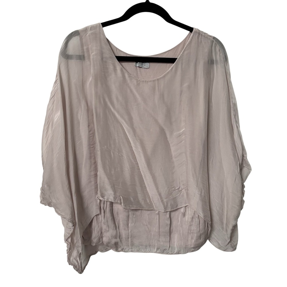 Lara G Silk Shirt Womens L Pink Neutral Batwing Sheer Layered Top Boho Vacation
